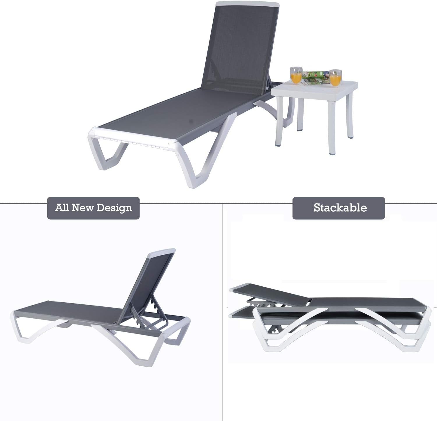 Patio Chaise Lounge Chair - Full Flat Alumium & Resin Legs, Outdoor Reclining Adjustable Chair for Sunbathing, Patio, Beach, Lounge without Table (Gray Textilene without Table)
