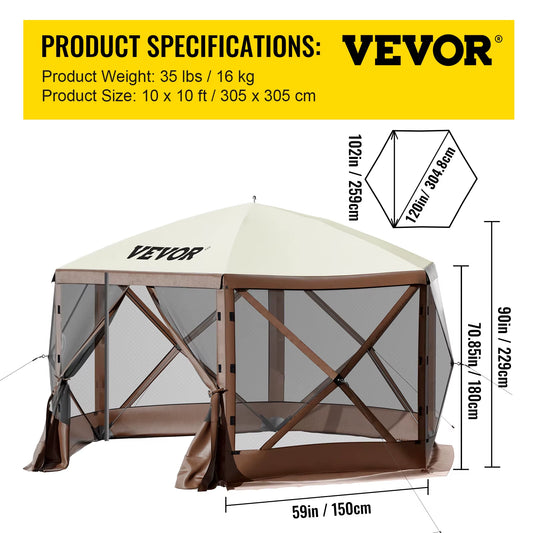 Gazebo Screen Tent 6 Sided Pop-Up Camping Canopy Shelter Portable Outdoor Large Shade Tents for Lawn and Backyard Camping