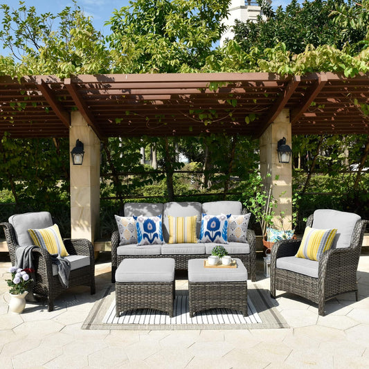 Patio Furniture Sets with High Back Sofa,5 Pieces Outdoor Furniture Conversation Set,All Weather Wicker outside Couch with Chairs and Ottomans,Grey Wicker Grey Cushion