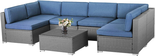 7-Piece Outdoor Furniture Set, Gray Wicker Patio Conversation Set Modular Outdoor Sectional Sofa with YKK Zipper & Coffee Table - Denim Blue