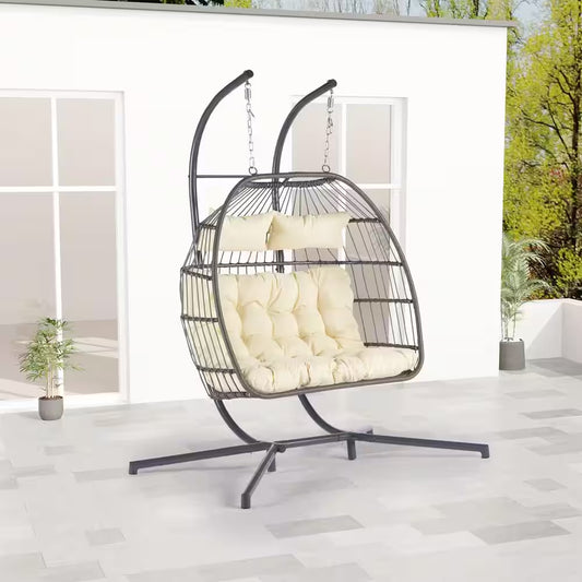 Patio 60.1 In. W 2-Person Wicker Patio Swing Hanging Chair Egg Chair with Beige Cushions