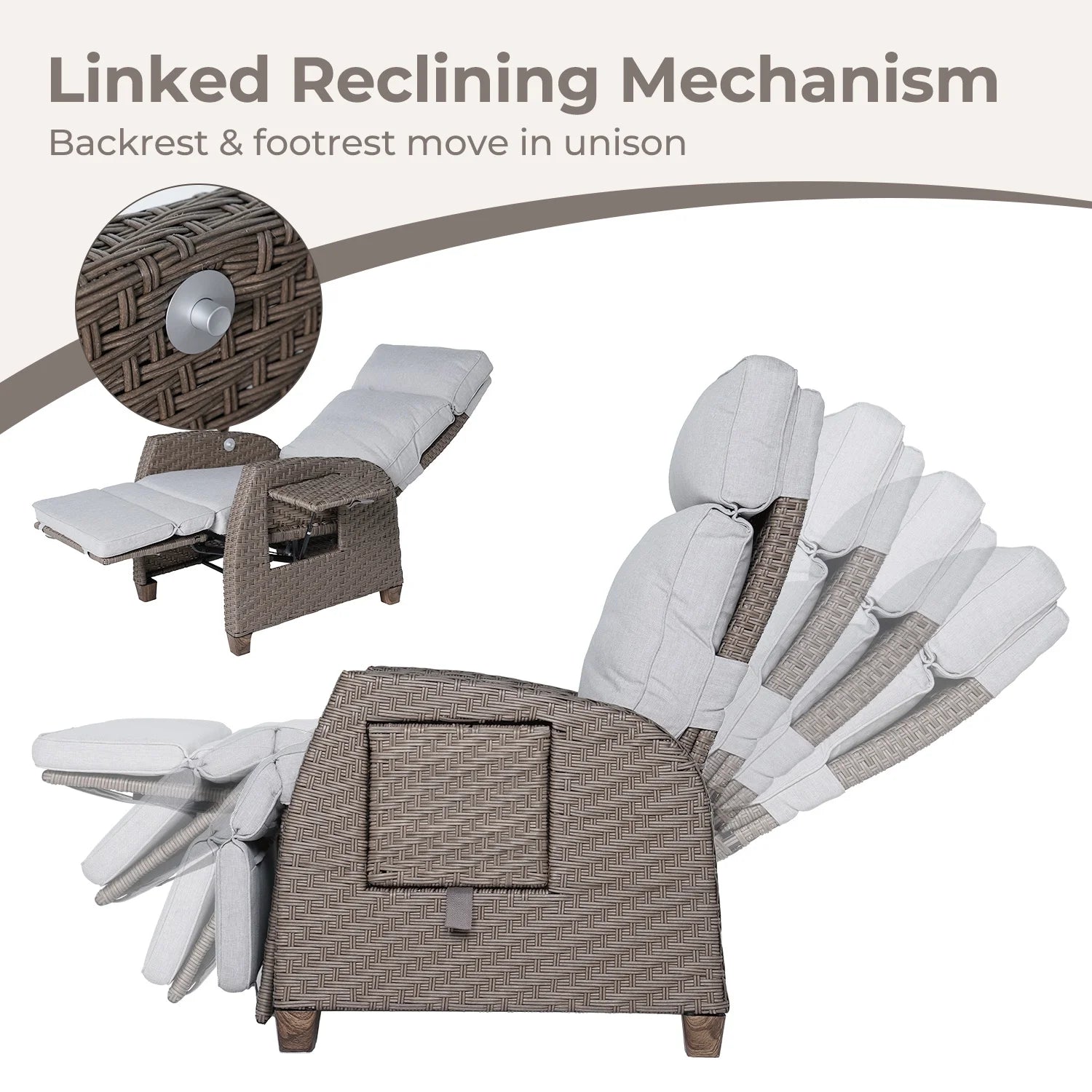 Indoor & Outdoor PE Wicker Patio Lounge Recliner with Flip Table, Mist Gray