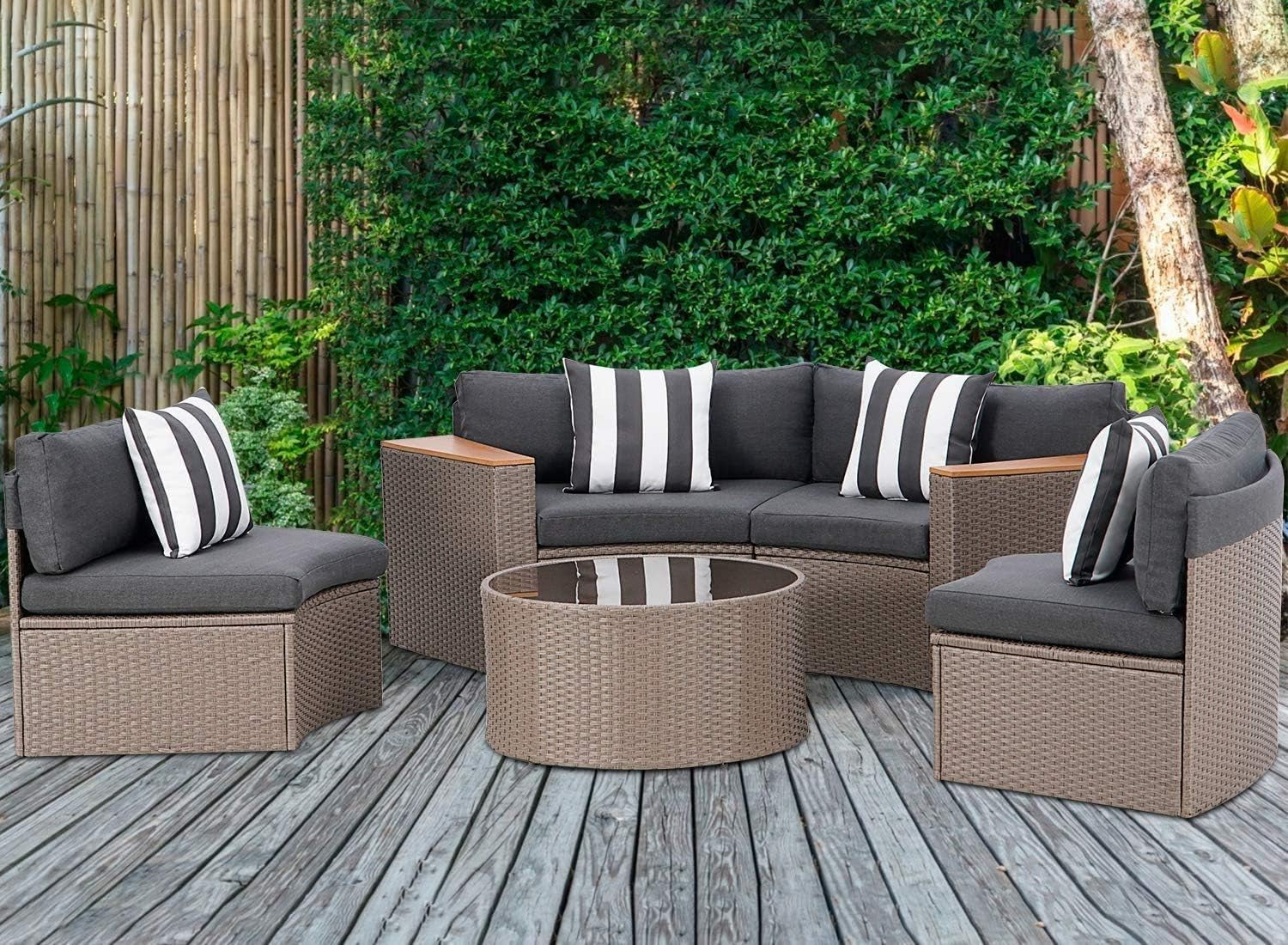 5-Piece Patio Sectional Furniture Patio Half-Moon Set Brown Wicker Curved Outdoor Sofa Set with Grey Cushions & Glass Coffee Table (Grey)