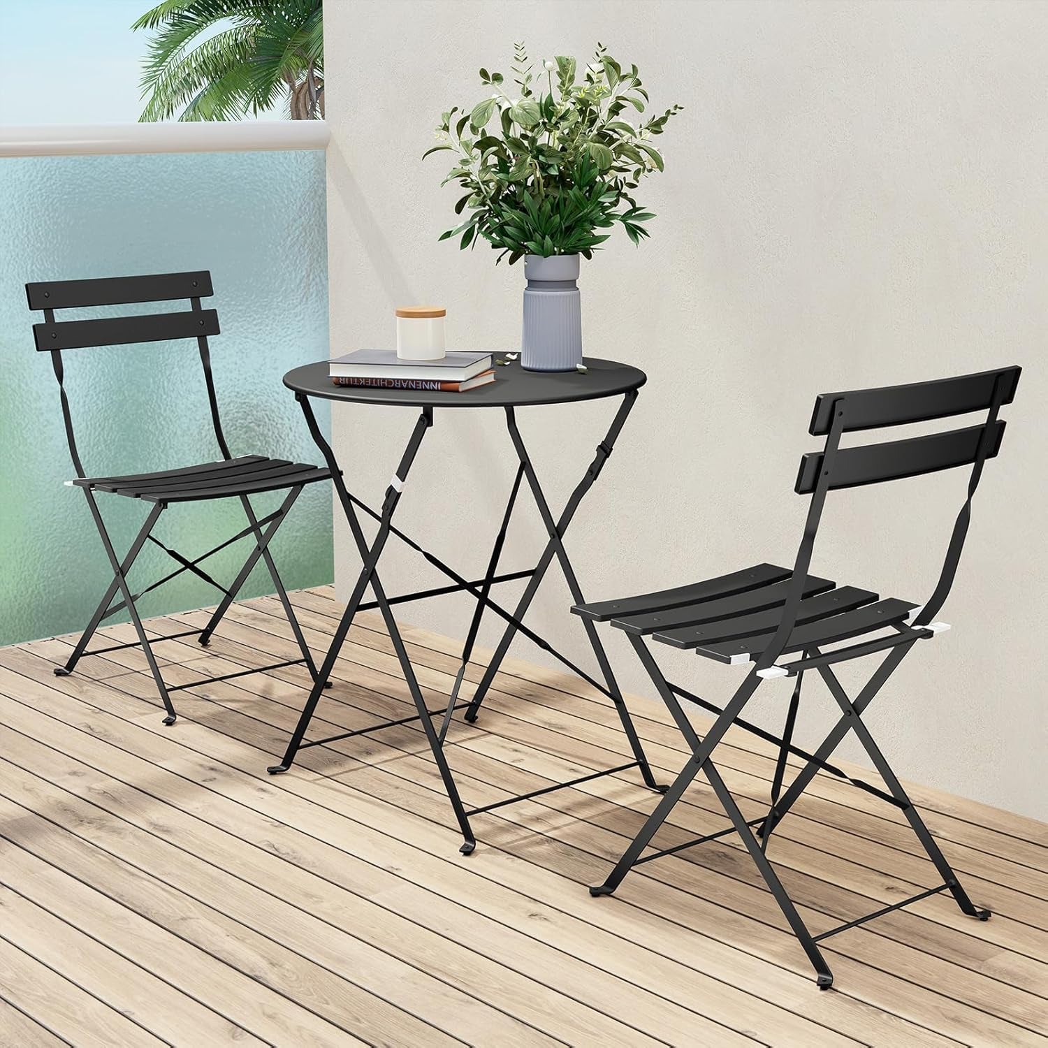 Premium Frame Patio Bistro Set, Folding Outdoor Patio Furniture Sets, 3-Piece Patio Set of Folding Patio Table and Chairs, Black