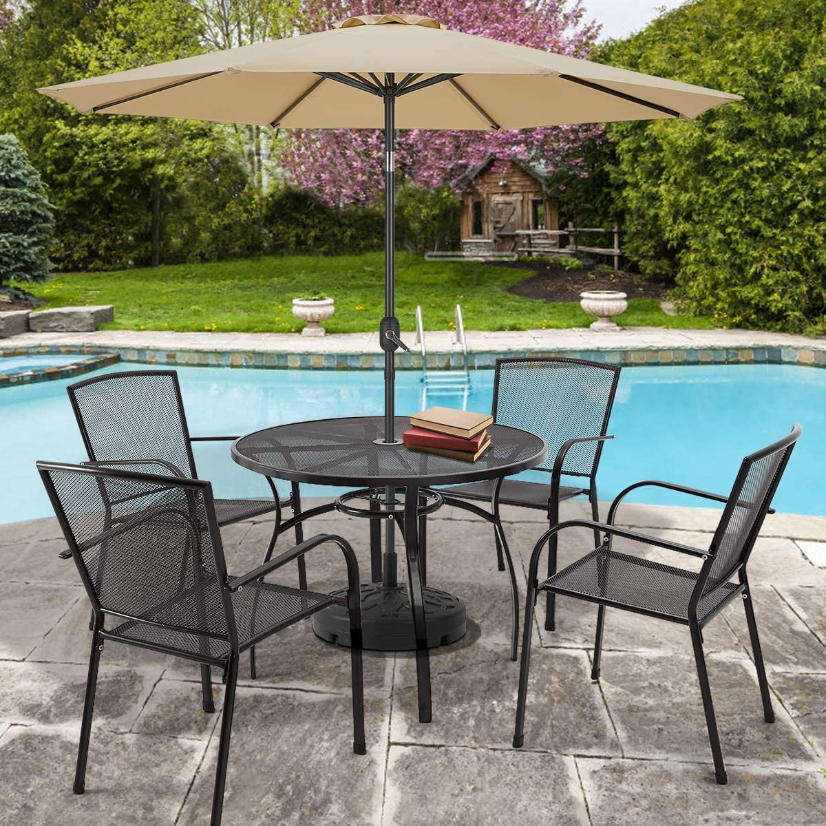 5-Piece Patio Metal Dining Set with round Table Dark Gray 4-Persons
