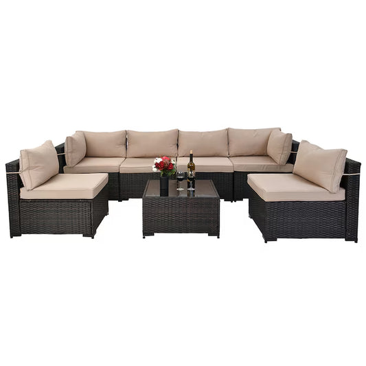 7 -Piece Rattan Patio Sofa Conversation Set with Off-White Cushions
