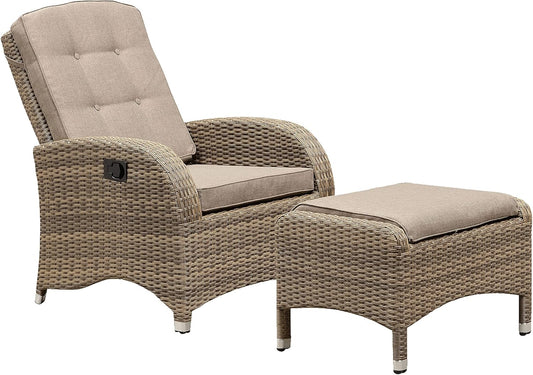 Outdoor Recliner Hand-Woven Wicker Outdoor Armchair, Reclining Patio Chair with Cushions and Ottoman Aluminum Frame Patio Sofa Chair, Patio Recliner Adjustable Patio Lounge Chair