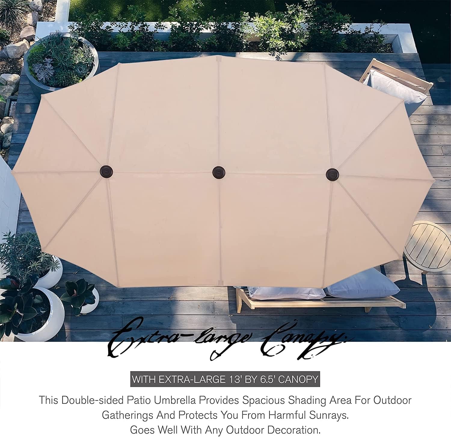 Patio Dining Set 8 Pieces Outdoor Metal Furniture Set with 13Ft Double-Sided Patio Umbrella Beige, 6 X Swivel Patio Dining Chairs, 1 Wood like Umbrella Table for Patio Garden