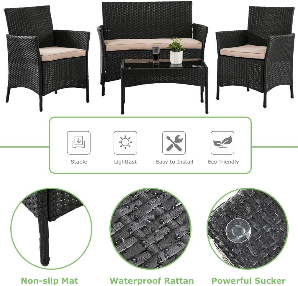 Outdoor 4 Pieces Rattan Chair Sofa Conversation Set Patio Wicker Set with Table Backyard Lawn Porch Garden Poolside Balcony Furniture (Black)