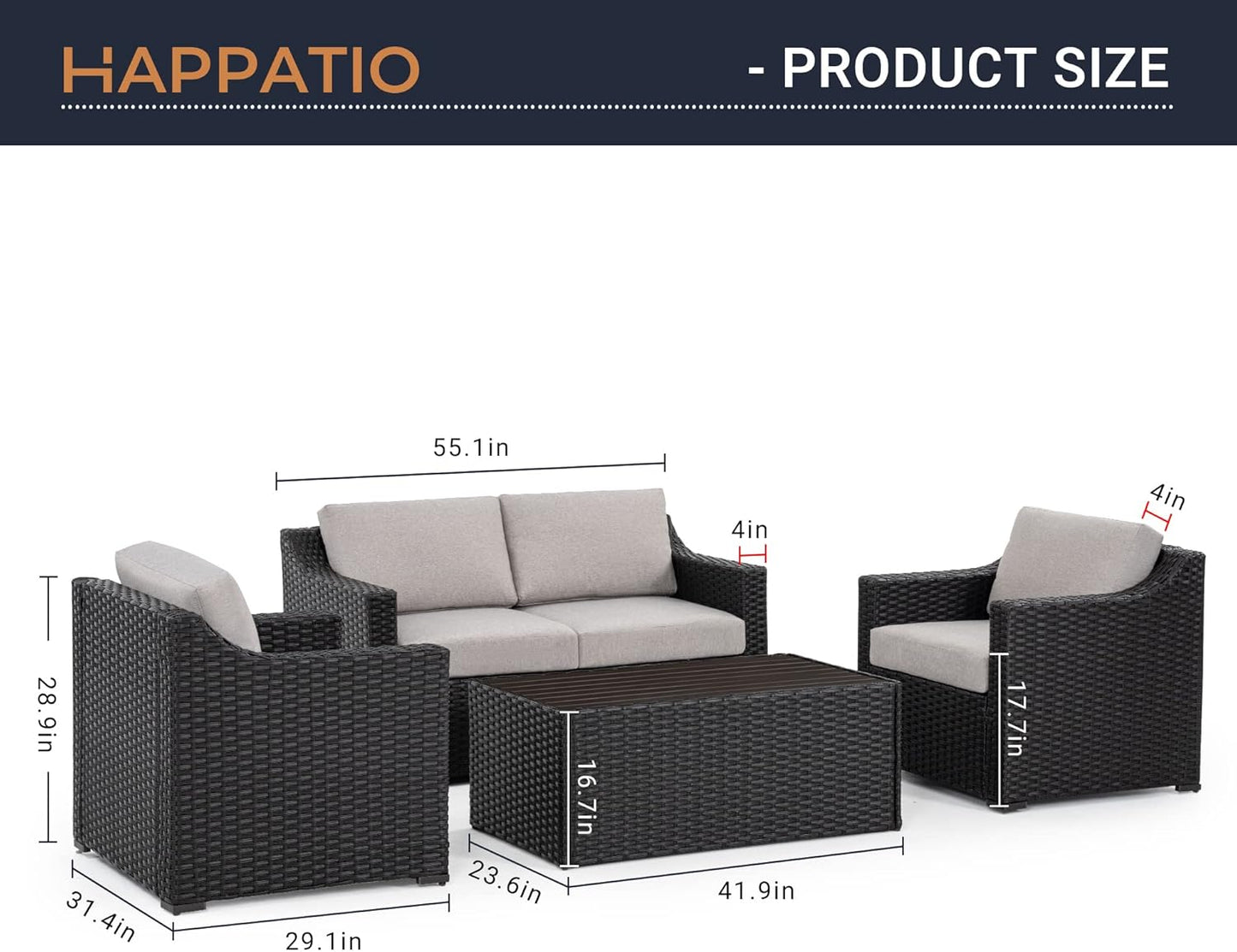 4 Piece Patio Conversation Set,Outdoor Sectional,All-Weather Patio Furniture Set(Browngrey)