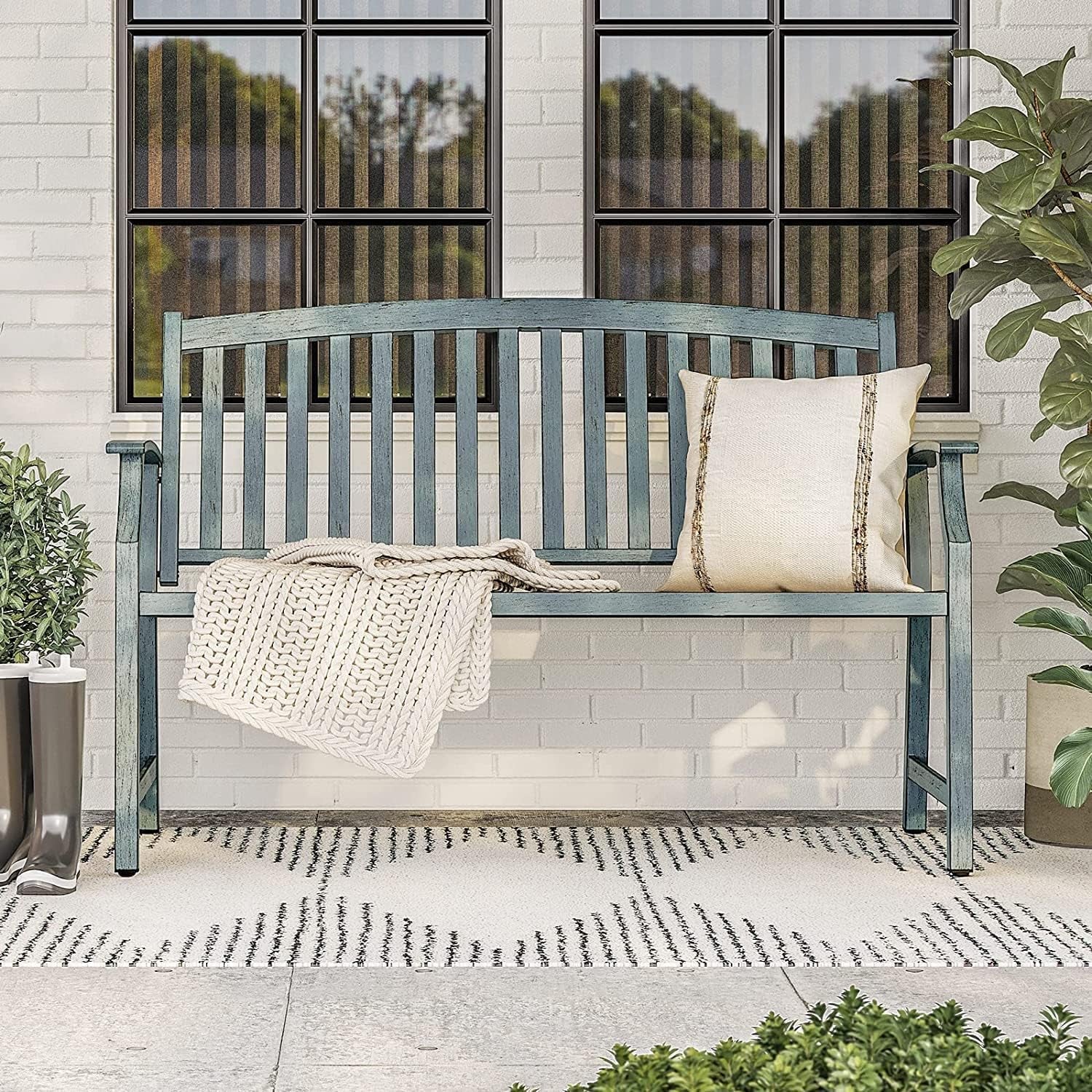 Farmhouse Outdoor Bench, Garden Benches with Anti-Rust Aluminum Metal Frame, Faux Wood Grain Finish Frame Patio Bench for Front Porch, Weathered Blue