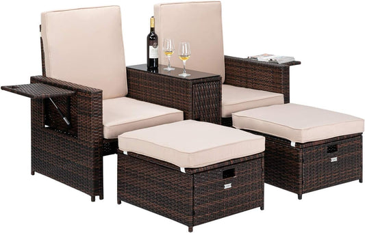 5 PCS Patio Wicker Loveseat Outdoor Patio Adjustable Lounge Chair with Ottoman, Patio Conversation Set Outdoor Rattan Sofa Set for Garden, Patio, Balcony (Brown)