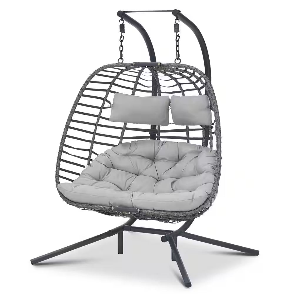 Large 2-Person 500 Lbs. Gray Wicker Double Swing Egg Chair with Black Stand and Gray Cushions