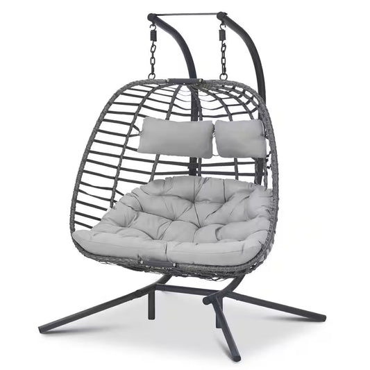 Large 2-Person 500 Lbs. Gray Wicker Double Swing Egg Chair with Black Stand and Gray Cushions