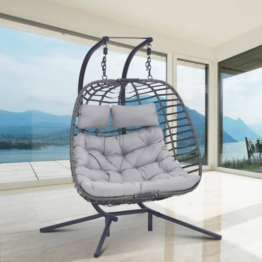 Large 2-Person 500 Lbs. Gray Wicker Double Swing Egg Chair with Black Stand and Gray Cushions