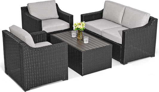 4 Piece Patio Conversation Set,Outdoor Sectional,All-Weather Patio Furniture Set(Browngrey)