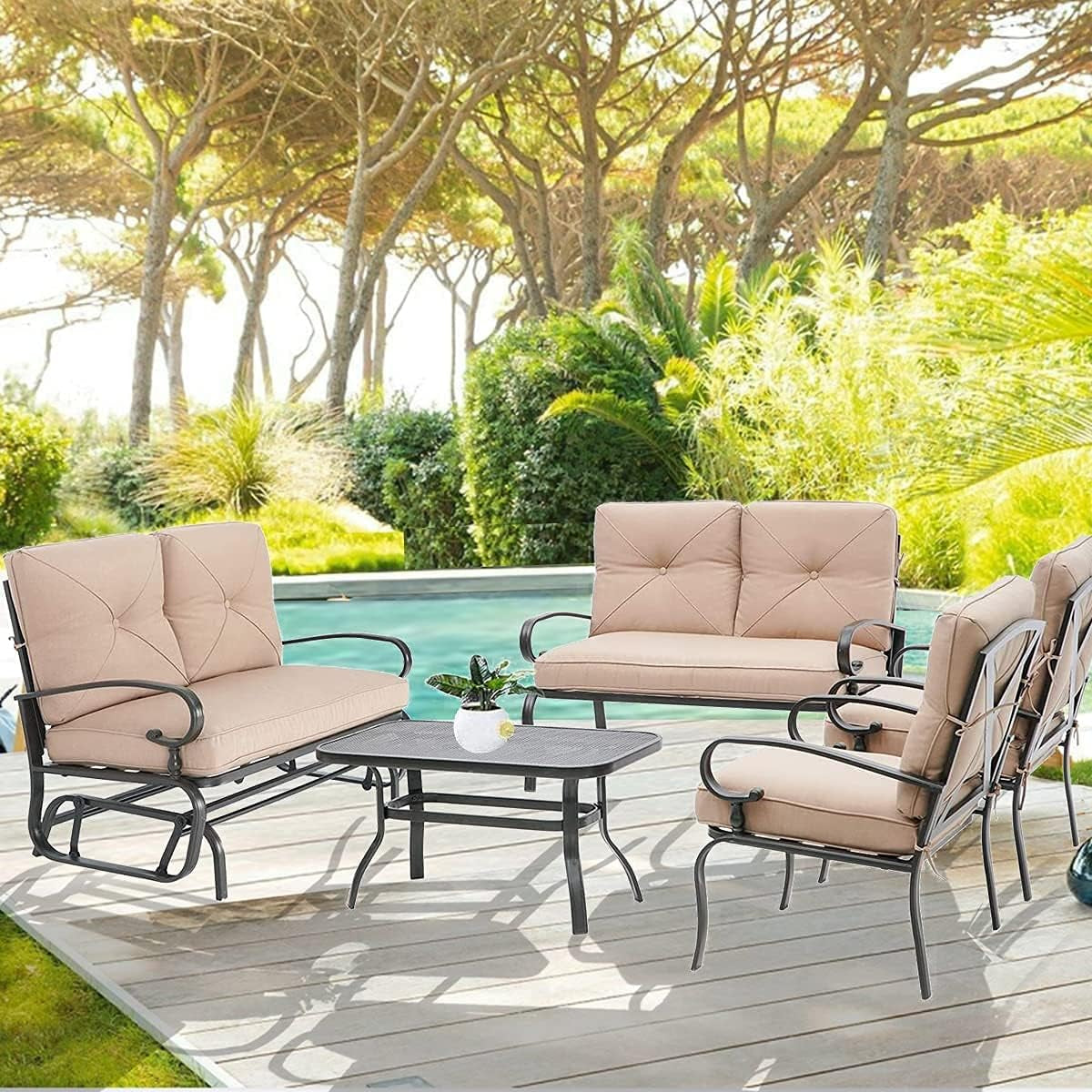 Outdoor Metal Furniture Sets 5 Pieces(6 Seats) Patio Conversation Set (Patio Swing Glider, 2 Patio Chairs, Loveseat with Coffee Table), Brown