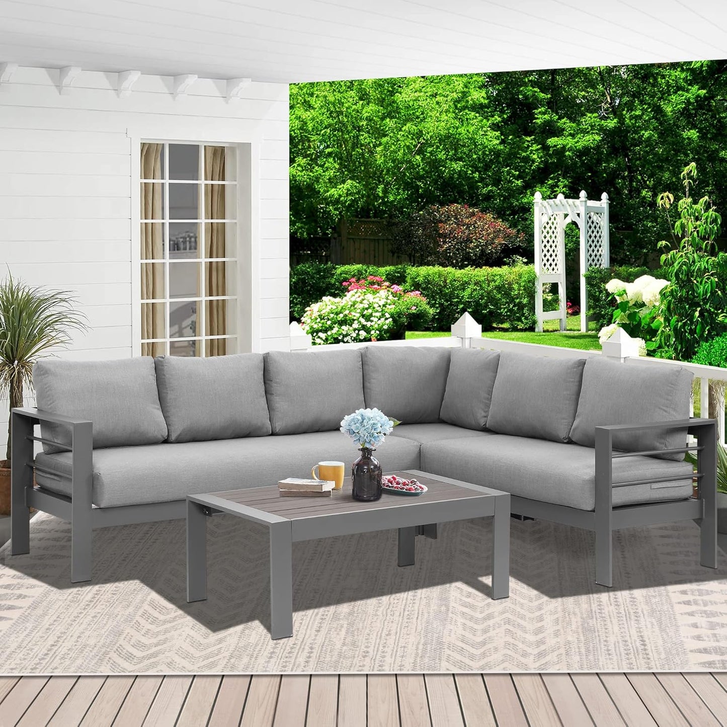 Patio Furniture Set, Outdoor Aluminum Sectional Sofa Couch with Coffe Table, All-Weather Metal Conversation Set with Upgraded Dark Grey Cushion