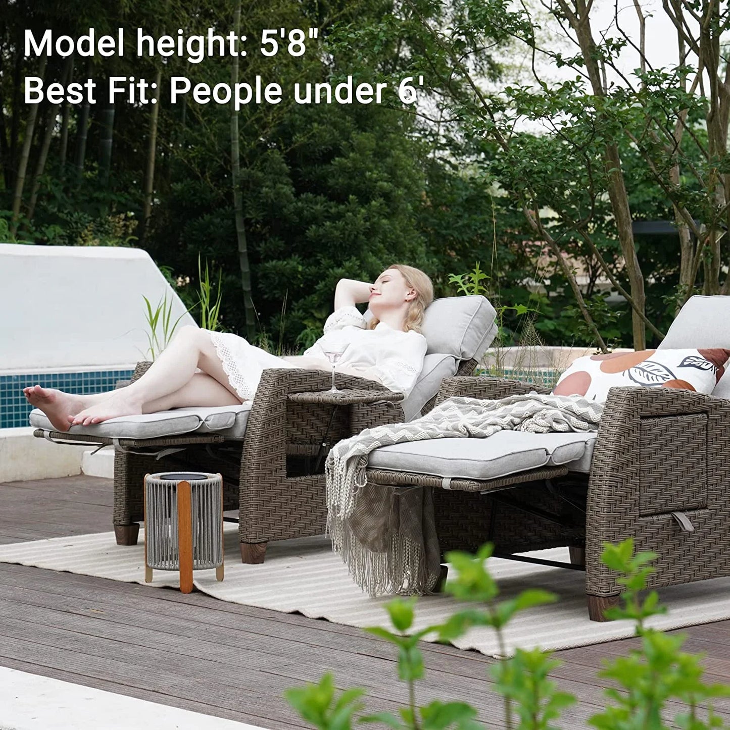 Indoor & Outdoor PE Wicker Patio Lounge Recliner with Flip Table, Mist Gray