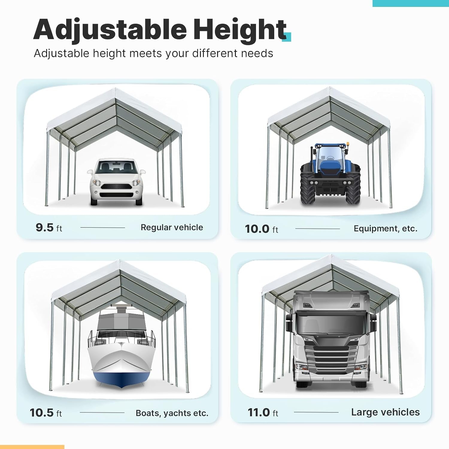10X20 Ft Heavy Duty Carport Potable Car Canopy Garage Party Tent Boat Shelter, Adjustable Height from 9.5 Ft to 11 Ft, White