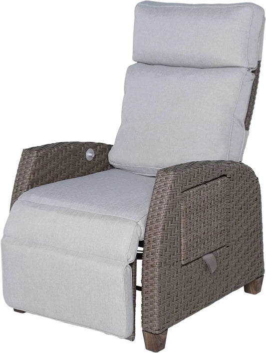 Indoor & Outdoor PE Wicker Patio Lounge Recliner with Flip Table, Mist Gray