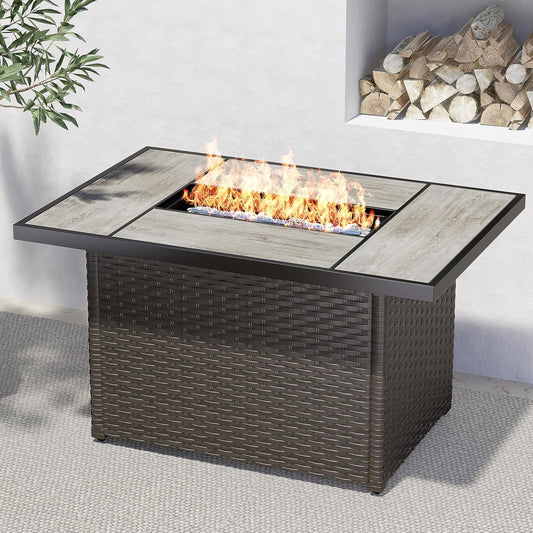 Outdoor 43-Inch CSA Safety Approved Gas Fire Pit Table 50000 BTU Rectangle Propane Fire Pit with Ceramic Tile Top and Wicker Base