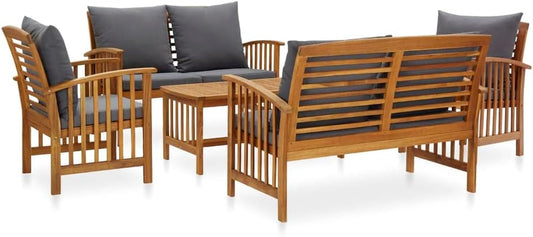 Patio Furniture Set 5 Piece, Patio Bench Seat with Coffee Table, Wooden Dining Set for Garden Balcony Porch, Modern, Solid Wood Acacia