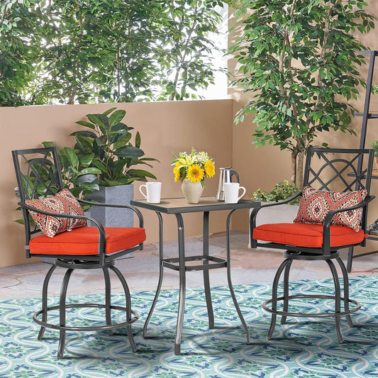 3-Piece Outdoor Patio Swivel Bar Stool Set with Height Outdoor Bar Table (Wood-Like Desktop) and Patio High Swivel Bar Stool Chairs