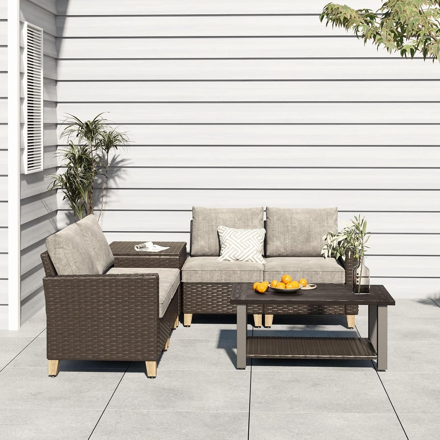 Sofa Sets Outdoor Furniture Sets 6 Pieces Conversation Set, PE Wicker Patio Furniture Sectional Sofa with Thick Olefin Cushions for Yard Garden Porch &Brown