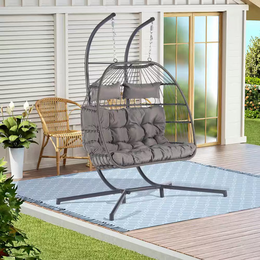 Patio 60.1 In. W 2-Person Wicker Patio Swing Hanging Chair Egg Chair with Cushions