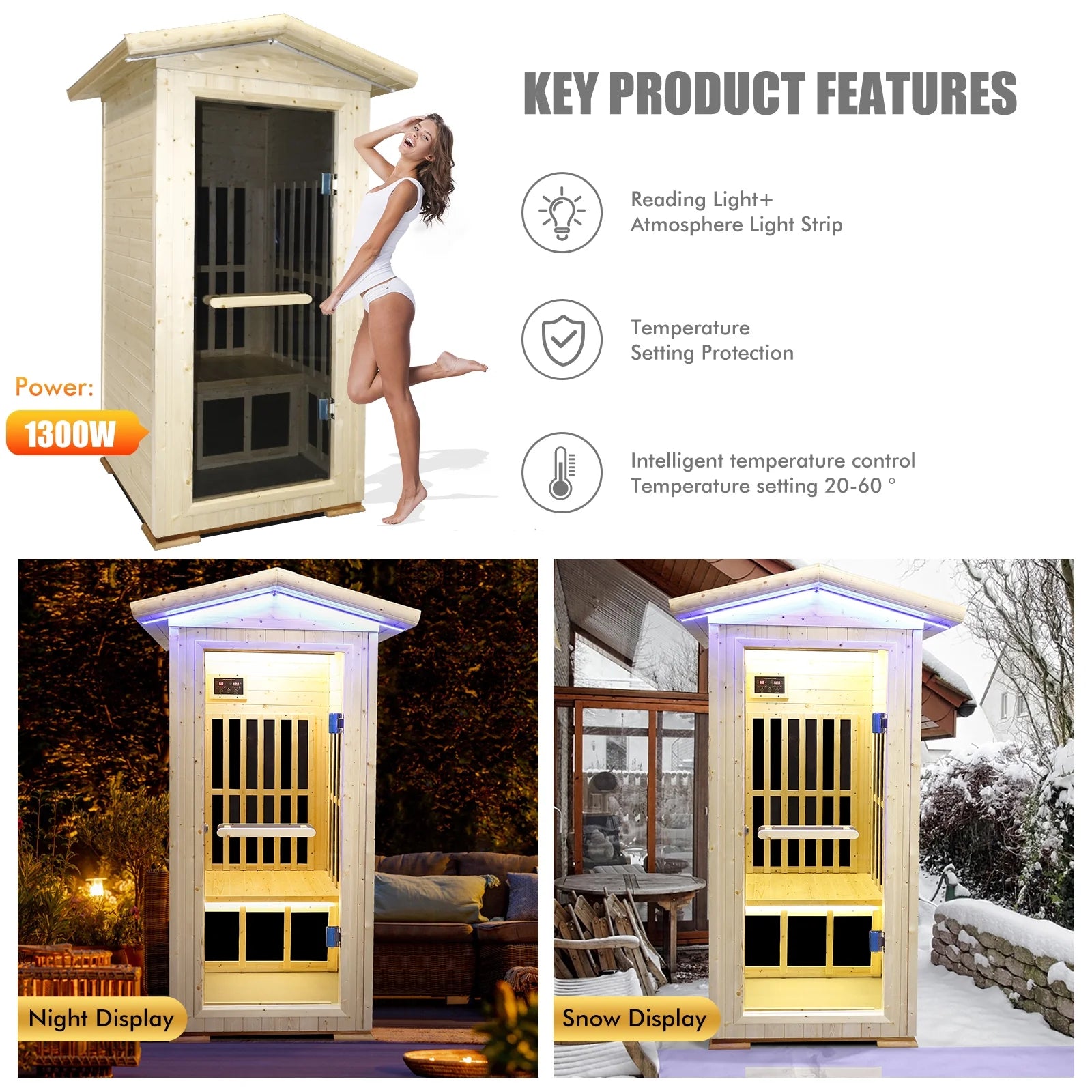 Outdoor Far Infrared Sauna Wooden Saunas Spa 1300W Low-Emf Dry Sauna Room for One Person Finland Spruce Wood
