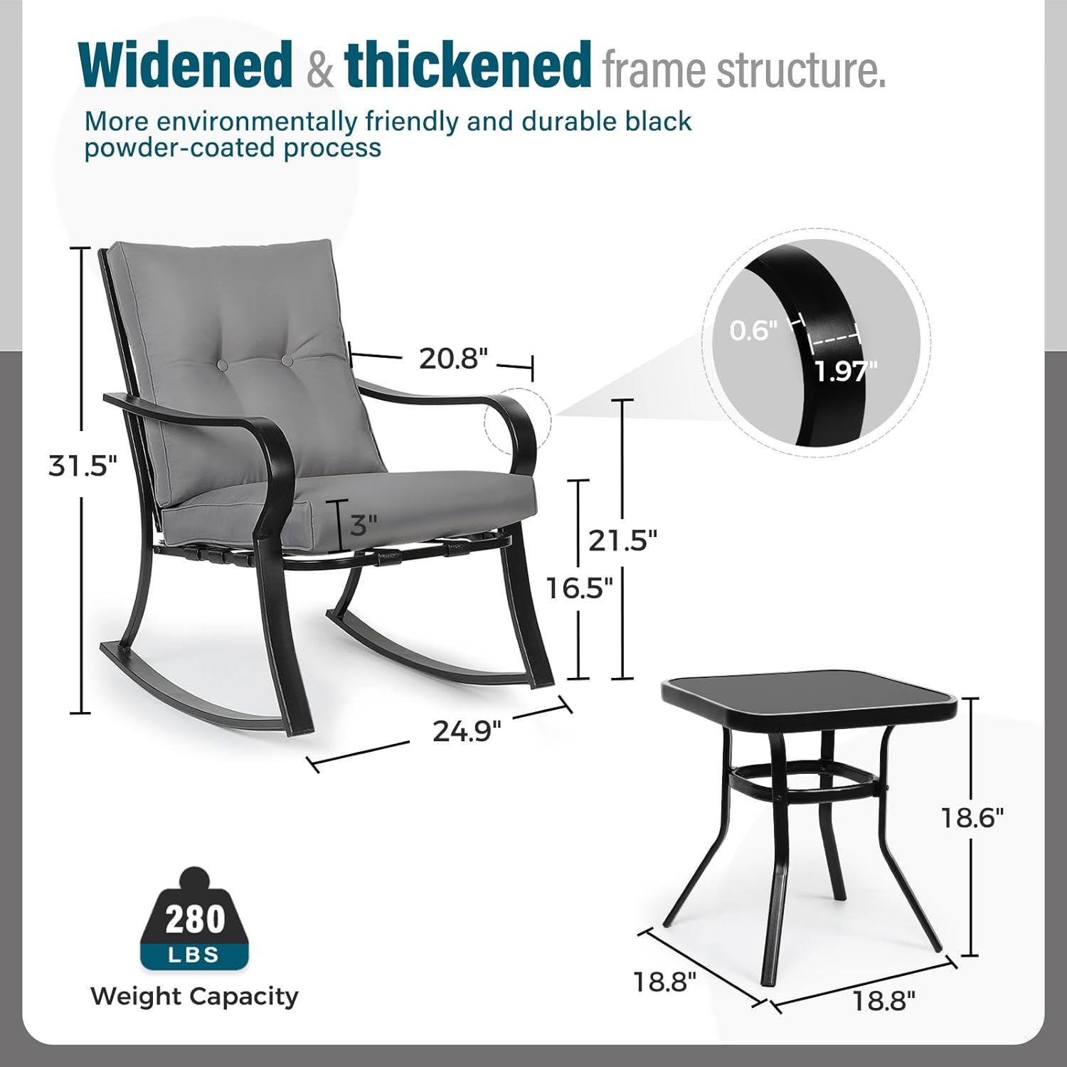 3-Piece Outdoor Rocking Chairs Bistro Set, Black Iron Patio Furniture with Gray Thickened Cushion & Glass-Top Coffee Table
