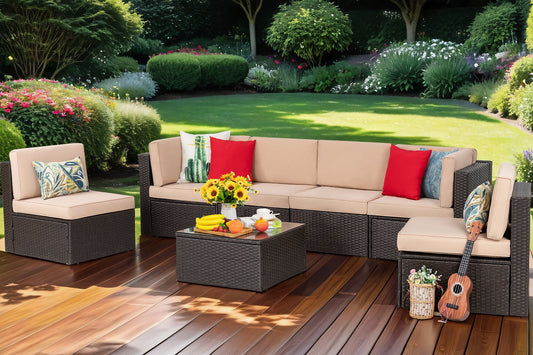 7 Pieces Patio Furniture Sets Outdoor All-Weather Sectional Patio Sofa Set PE Rattan Manual Weaving Wicker Patio Conversation Set Beige