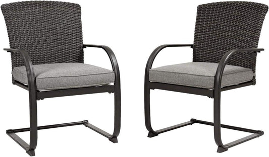 2-Piece Dining Wicker Chair Outdoor Conversation Set with Cushions C-Spring Rocker Lounge Chair Set of 2 for Yard, Garden, Backyard, Deck, Bistro-Grey