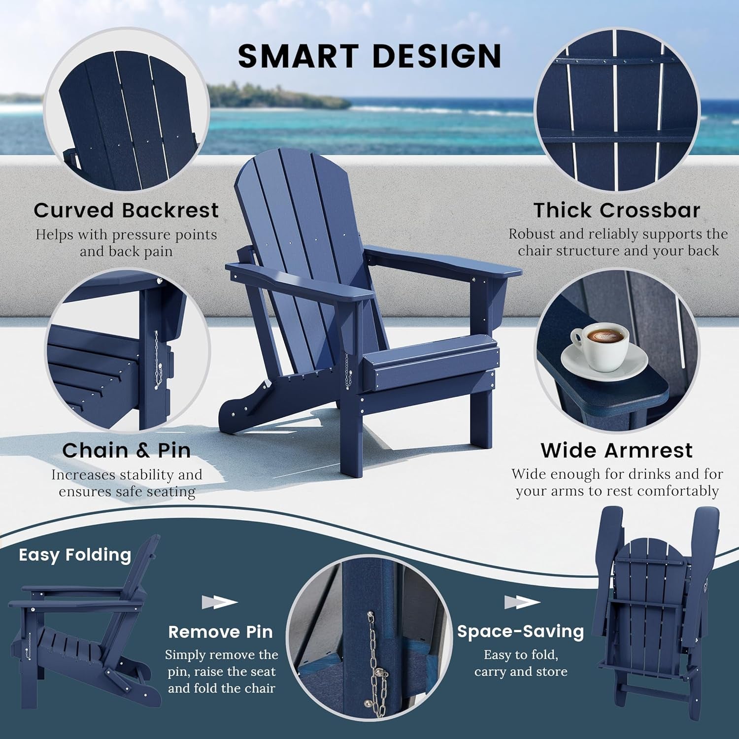 WO Home Furniture Adirondack Chair Lounger Outdoor Folding for Fire Pit, Beach, Balcony, Backyard, Lawn, Patio, Pool, Deck, Garden (Navy Blue)