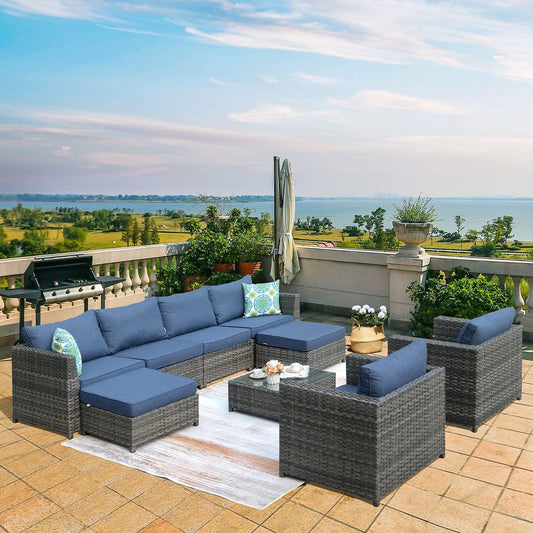 Patio Furniture Set, No Assembly 9 PCS Big Size Outdoor Sectional Sofa All Weather PE Rattan Wicker Outdoor Furniture with 2 Pillows,Grey Wicker Denim Blue