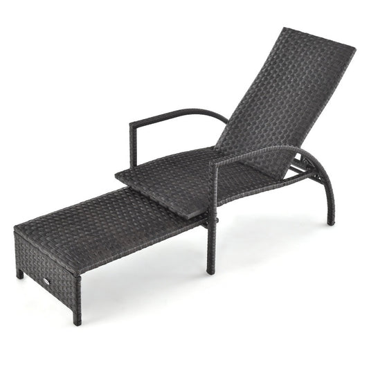 Patio Chaise Lounge Rattan Lounge Chair with Retractable Ottoman