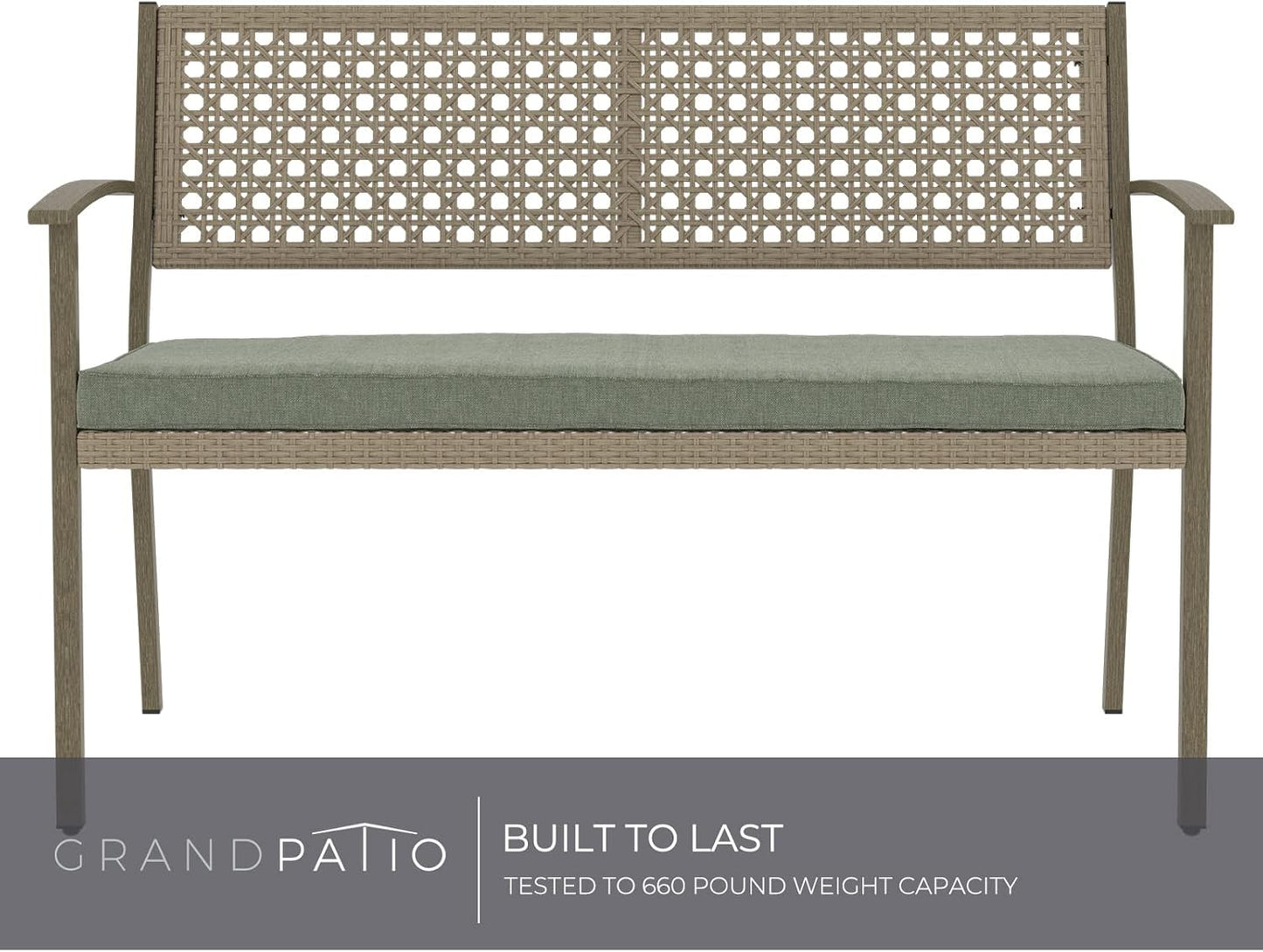 Outdoor Bench, Wicker Patio Benches with Cushion, Patio Loveseat for Front Porch Backyard outside Furniture Decor (Green Cushion, Wicker Rattan)