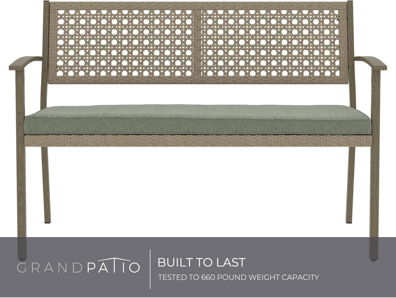 Outdoor Bench, Wicker Patio Benches with Cushion, Patio Loveseat for Front Porch Backyard outside Furniture Decor (Green Cushion, Wicker Rattan)
