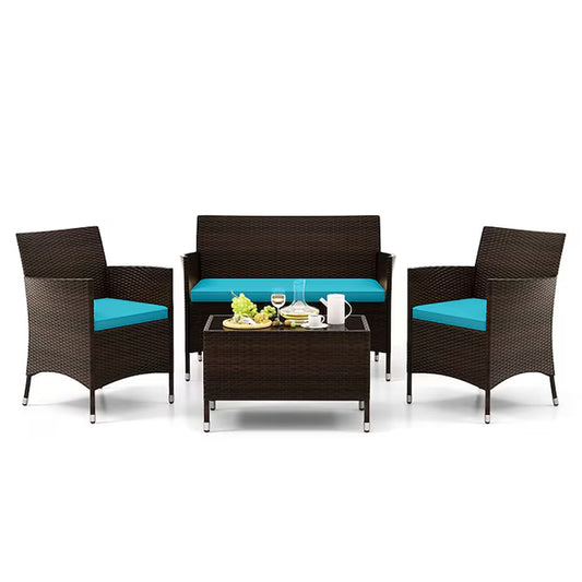 4 Pieces Comfortable Mix Outdoor Rattan Sofa Set with Glass Coffee Table 4 -Piece Rattan Patio Conversation Set with Blue Cushions
