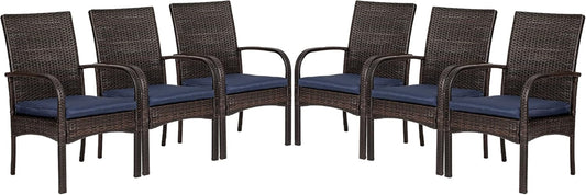 Outdoor Wicker Dining Chairs, Patio Rattan Dining Chairs, Restaurant Chair with Removable Cushions, Firepit Armchair W/Armrests Set of 6