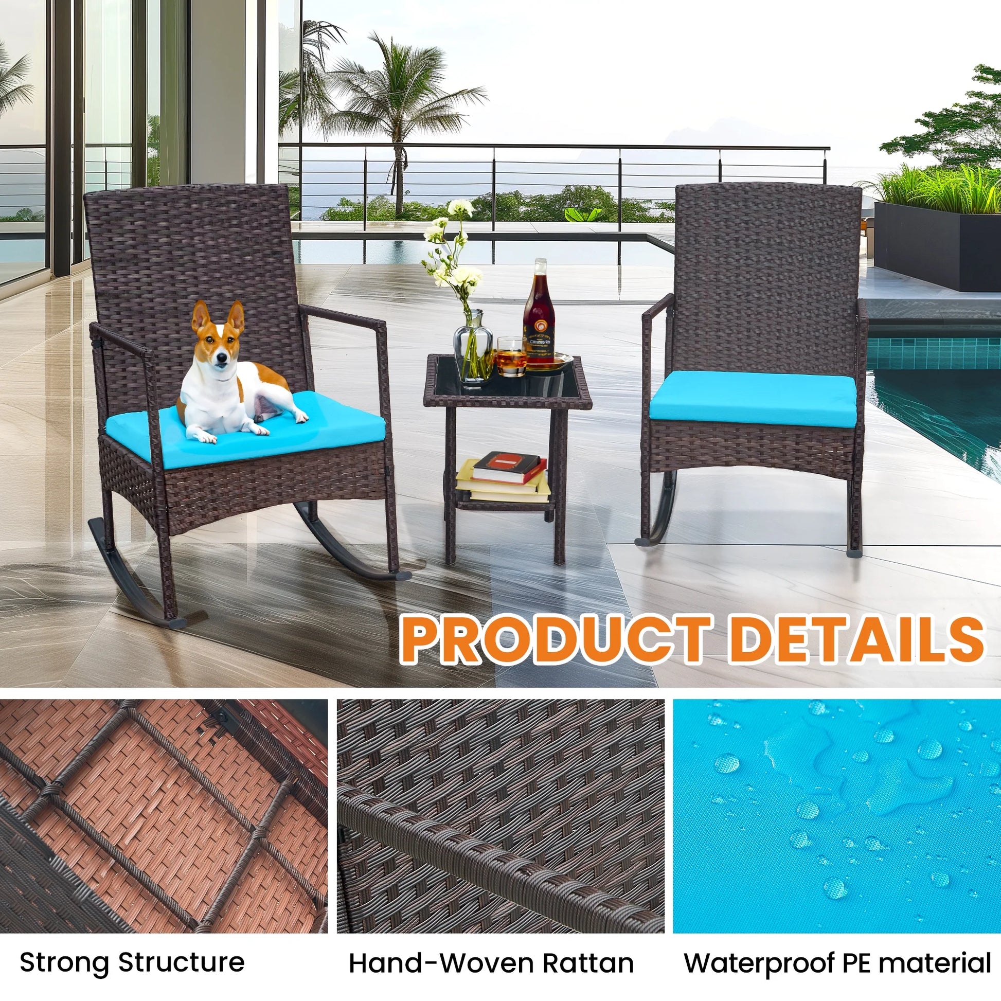 Oversize 3 Piece Patio Furniture Set Outdoor Patio Rocking Chair Set for Balcony Garden Bistro,Blue