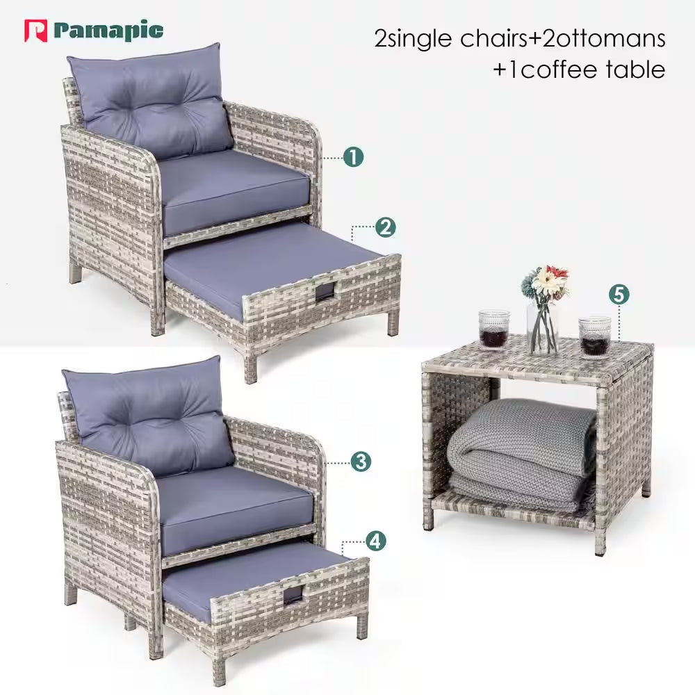5-Pieces Wicker Patio Furniture Set Outdoor Patio Chairs with Ottomans, Purple Cushions