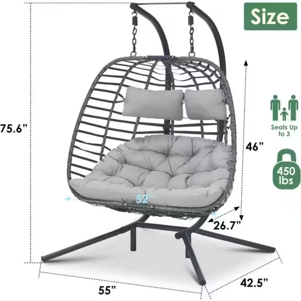 Large 2-Person 500 Lbs. Gray Wicker Double Swing Egg Chair with Black Stand and Gray Cushions