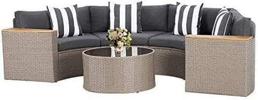 5-Piece Patio Sectional Furniture Patio Half-Moon Set Brown Wicker Curved Outdoor Sofa Set with Grey Cushions & Glass Coffee Table (Grey)