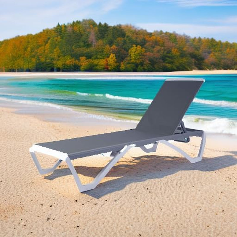Patio Chaise Lounge Chair - Full Flat Alumium & Resin Legs, Outdoor Reclining Adjustable Chair for Sunbathing, Patio, Beach, Lounge without Table (Gray Textilene without Table)