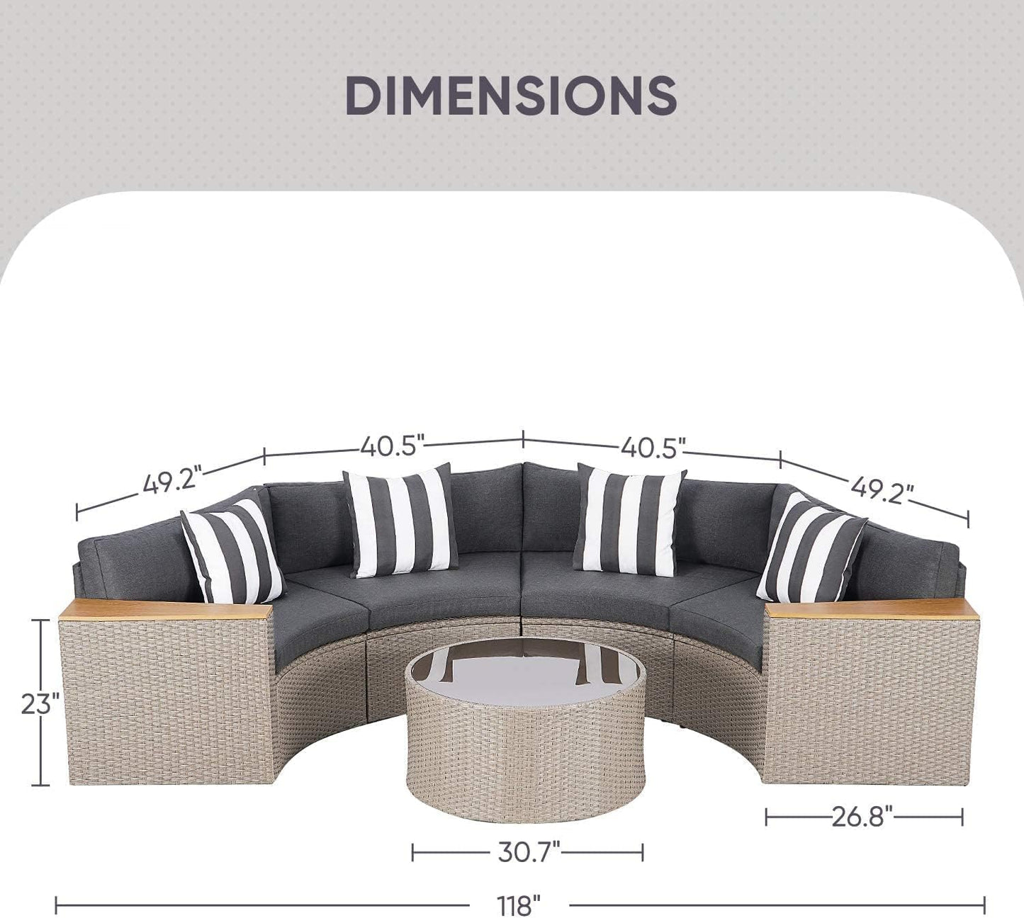 5-Piece Patio Sectional Furniture Patio Half-Moon Set Brown Wicker Curved Outdoor Sofa Set with Grey Cushions & Glass Coffee Table (Grey)