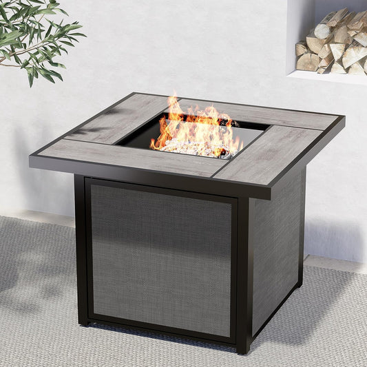 Outdoor Gas Fire Pit Table 32-Inch Square Propane Gas Fire Pit with CSA Safety Approval 40000 BTU Heat Sling Base Ceramic Tile Top and Lava Rock for Garden, Backyard, and Deck Parties
