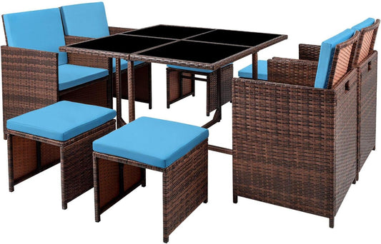 9 Pieces Patio Dining Outdoor Table and Chairs Table Set with Space Saving Rattan Chairs Patio Furniture Sets Cushioned Seating and Back (Blue)