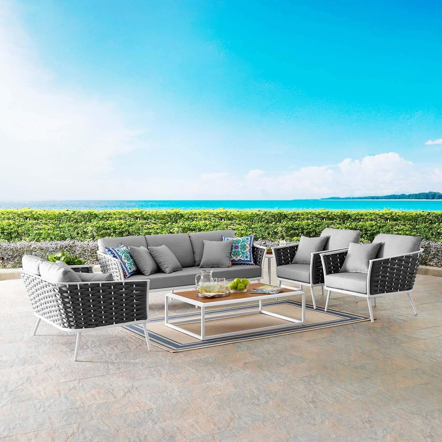 Stance Outdoor Patio Aluminum Sectional Sofa Set, 7 Piece, White Gray